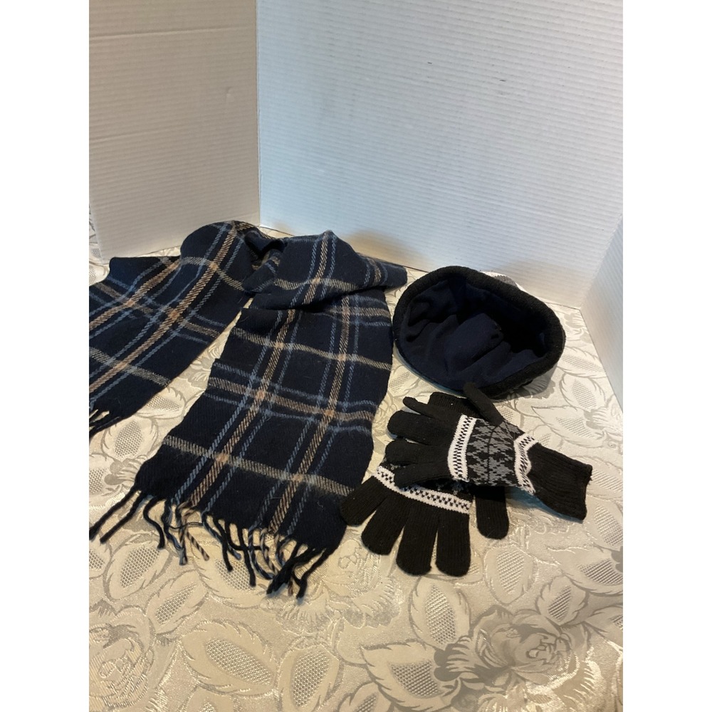 Penmans Winter Scarf Hat Gloves Set Mens OS Blue Black Excellent Wool Plaid - Picture 3 of 3